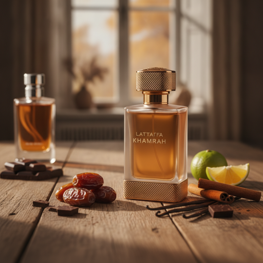 A striking image of the Lattafa Khamrah perfume bottle, featuring its unique amber liquid and ornate cap.