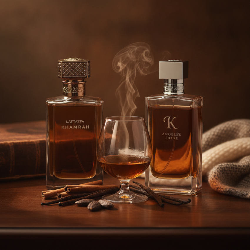 Two elegant perfume bottles, Lattafa Khamrah and Kilian Angels' Share, are displayed side-by-side.