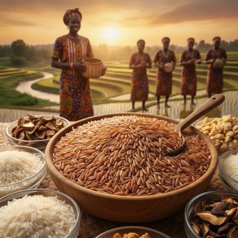 A close-up view of unique, short-grain Borgu rice, with a slightly golden hue, in a rustic bowl.