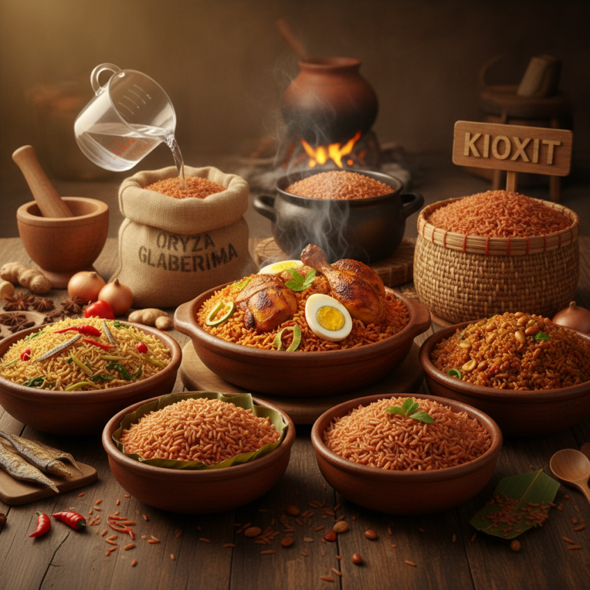 A vibrant bowl of West African Borgu rice, garnished with fresh herbs and a side of stew.