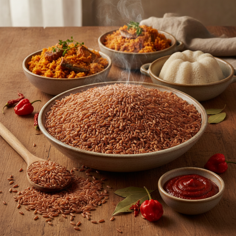 A bowl of fluffy, golden Borgu rice, garnished with fresh herbs and a hint of spices.