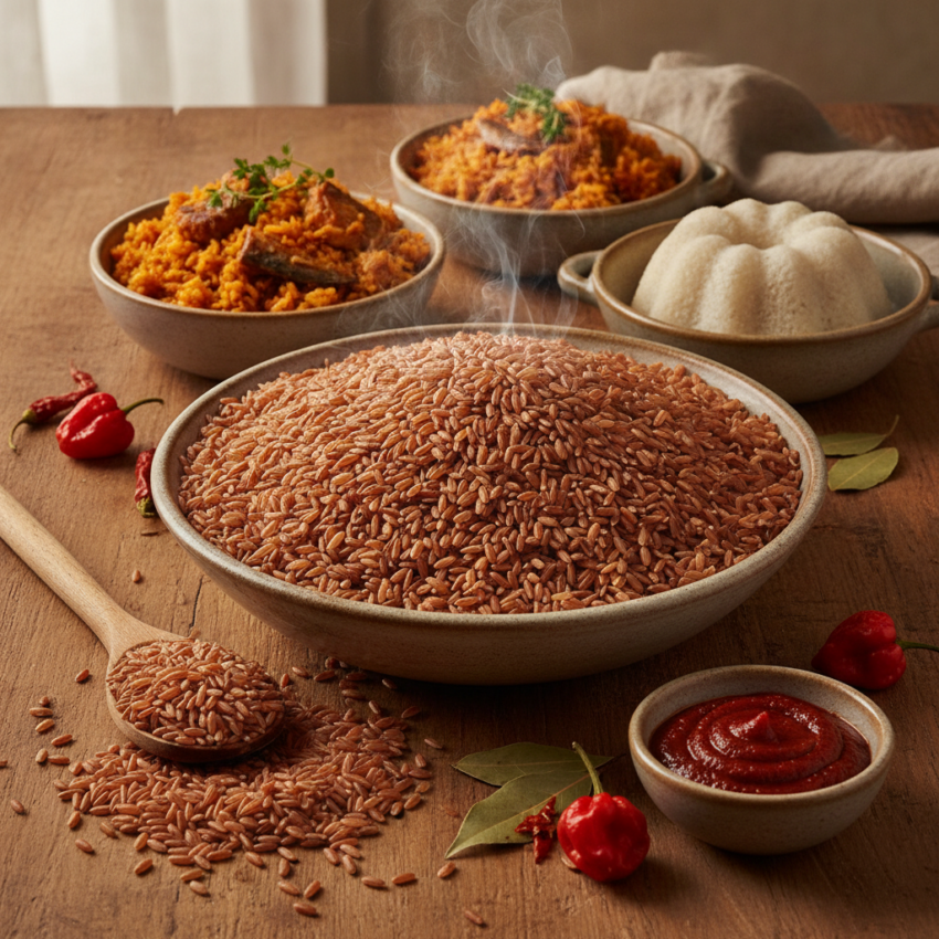 A bowl of fluffy, golden Borgu rice, garnished with fresh herbs and a hint of spices.